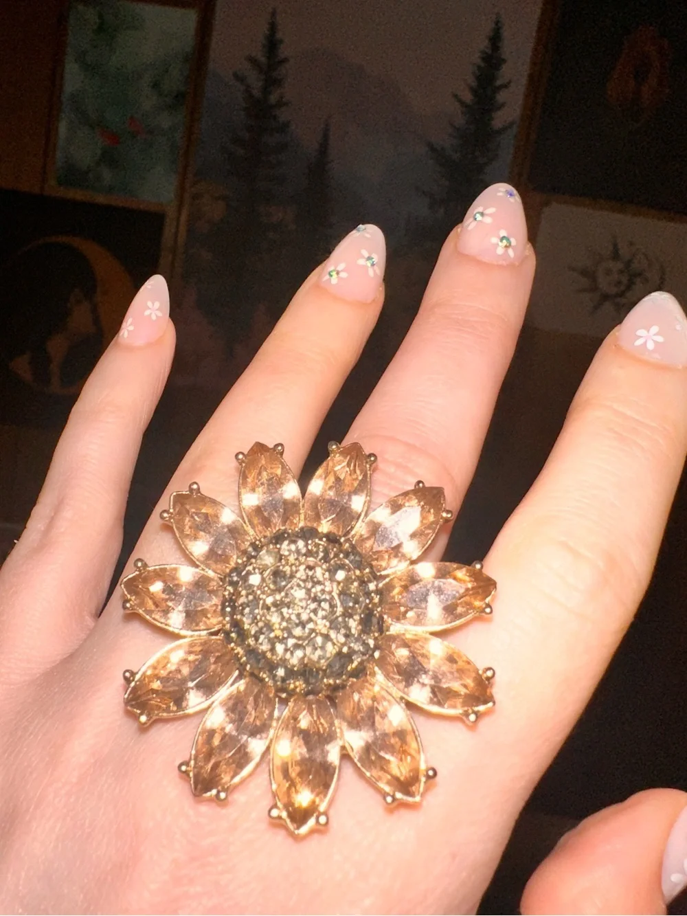 Sparkly Sunflower Rhinestone Cocktail Ring